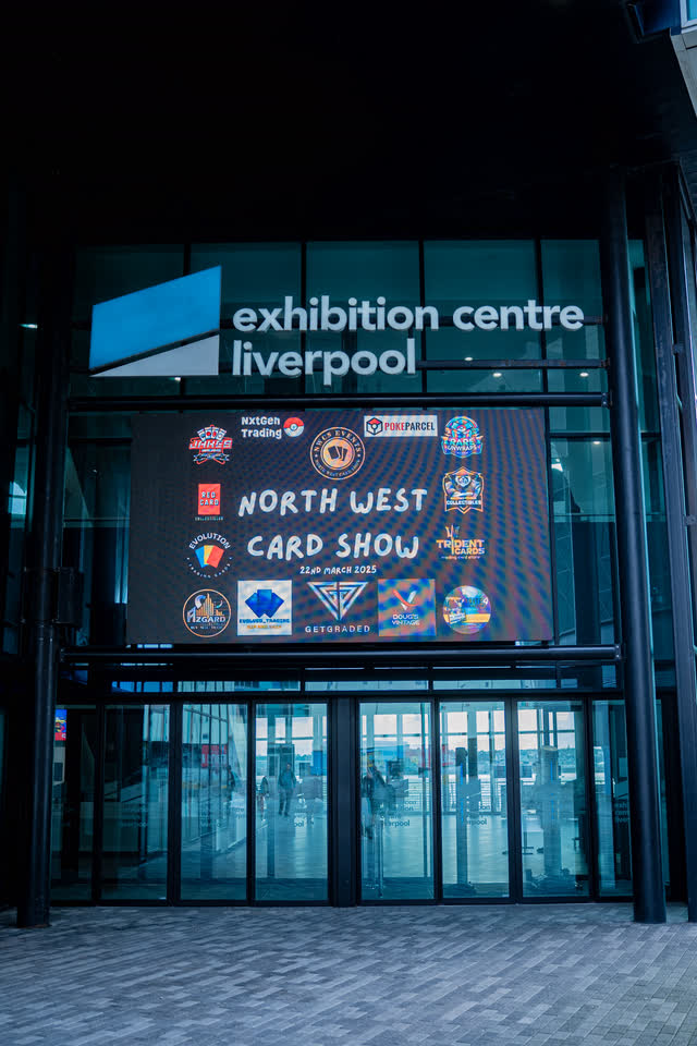 The Exhibition Centre Liverpool entrance, the North West Card Show board lit above the doors.
