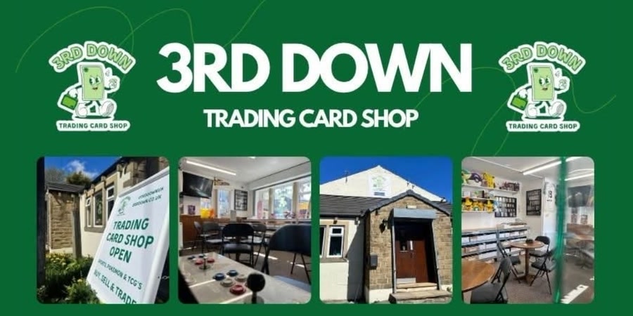 3rd Down Trading Card Shop logo, beside photos of the shop